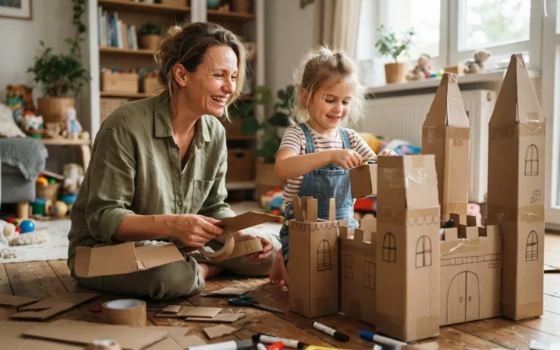 a parent and child building a cardboard castle together