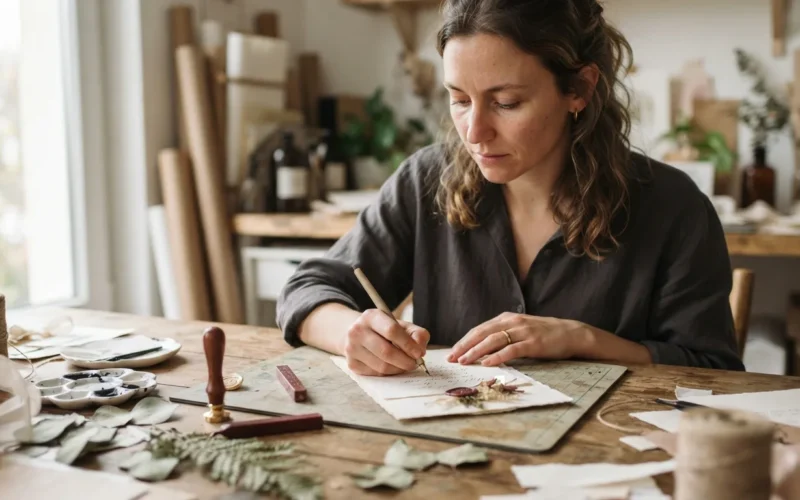 a person crafting a paper invitation at a table