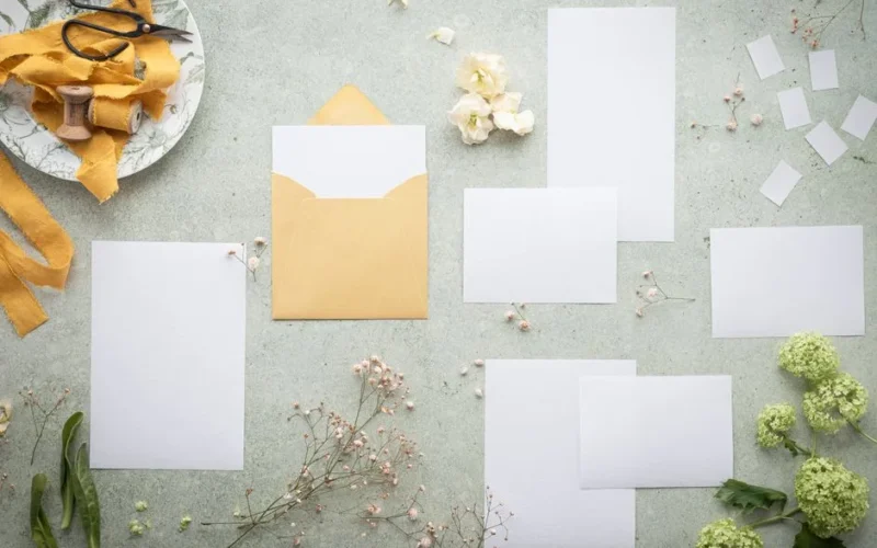 A flat lay of blank stationery and envelope amidst delicate flowers and ribbon, perfect for wedding or event planning.