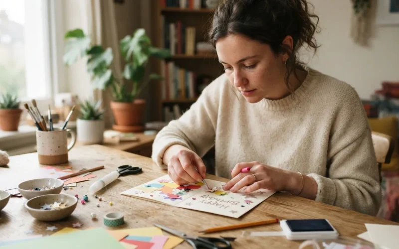 a person crafting a birthday card with paper and decorations