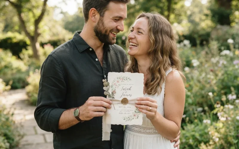 a couple holding a handmade wedding invitation