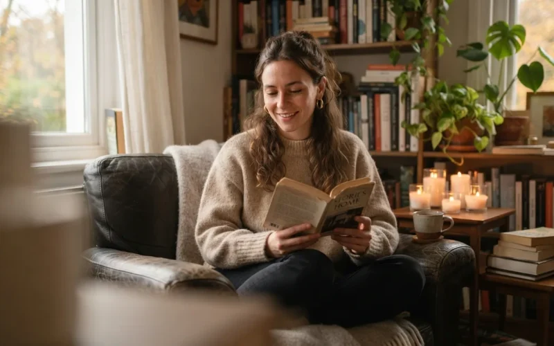 a person sitting in a cozy room with candles and soft lighting