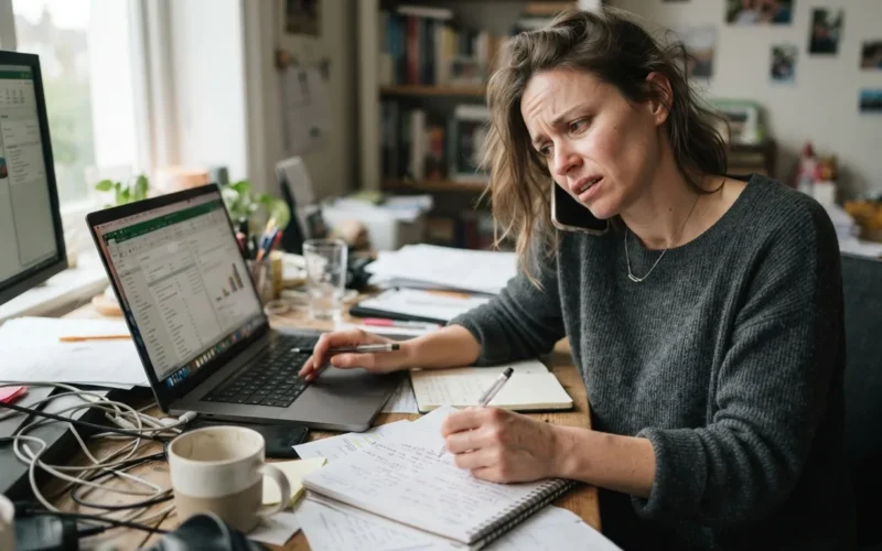 a person looking stressed while multitasking at a messy desk