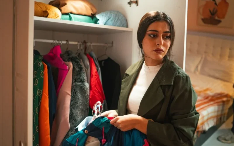 Woman organizing clothes in a closet with thoughtful expression in a modern bedroom.