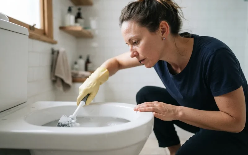 a person cleaning a white toilet bowl with a brush