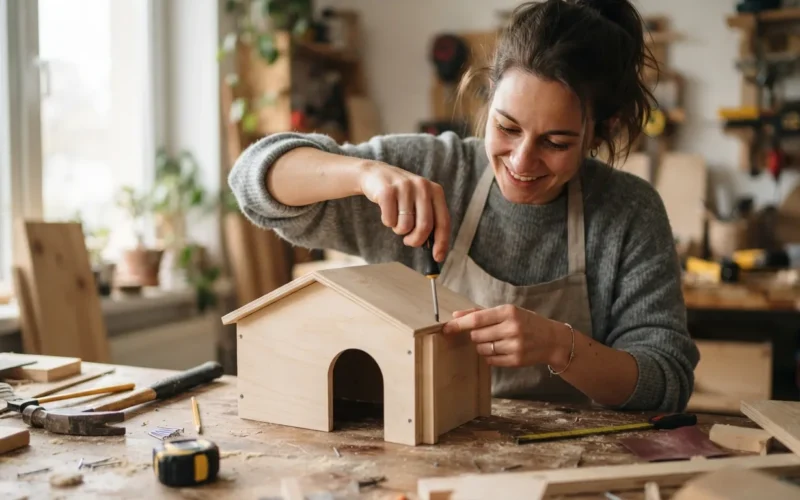 a person building a small wooden house for a guinea pig