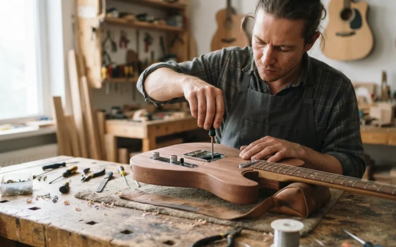a person assembling a guitar at a workbench