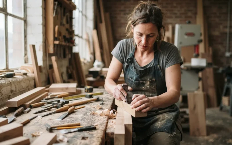 a person working on a wooden project at a workbench