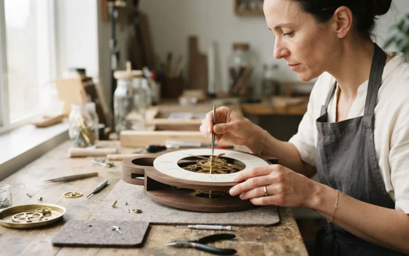 a person assembling a decorative clock on a table
