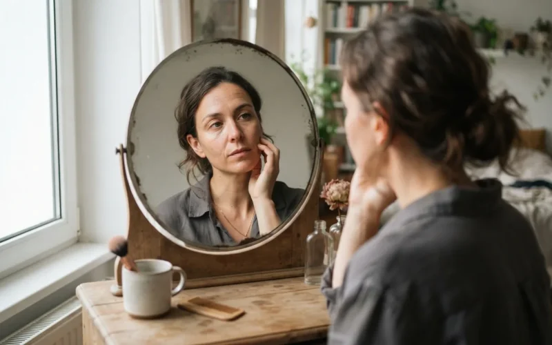 a woman looking thoughtfully at her reflection in a mirror
