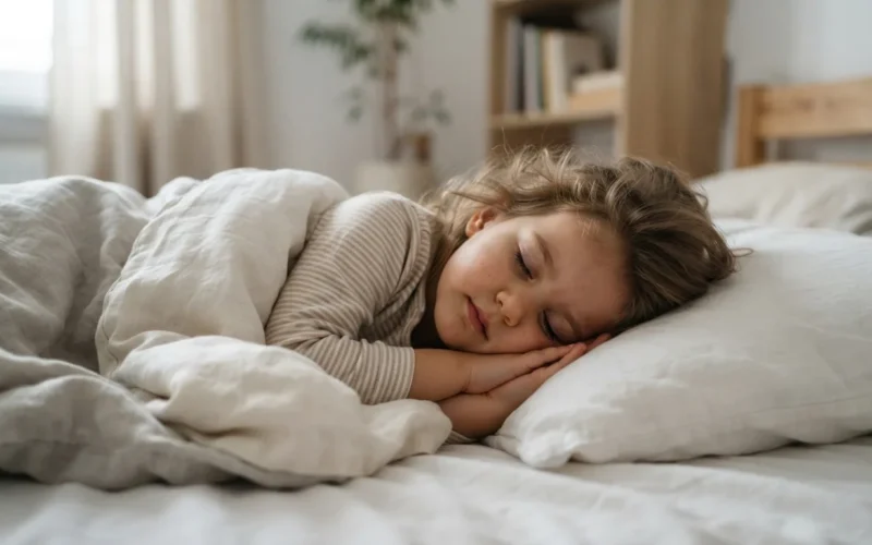 a child sleeping in a bed