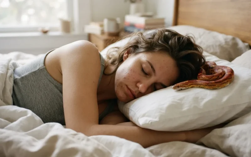 a person sleeping in bed with a snake nearby