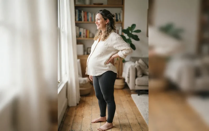 a pregnant woman gently touching her lower back
