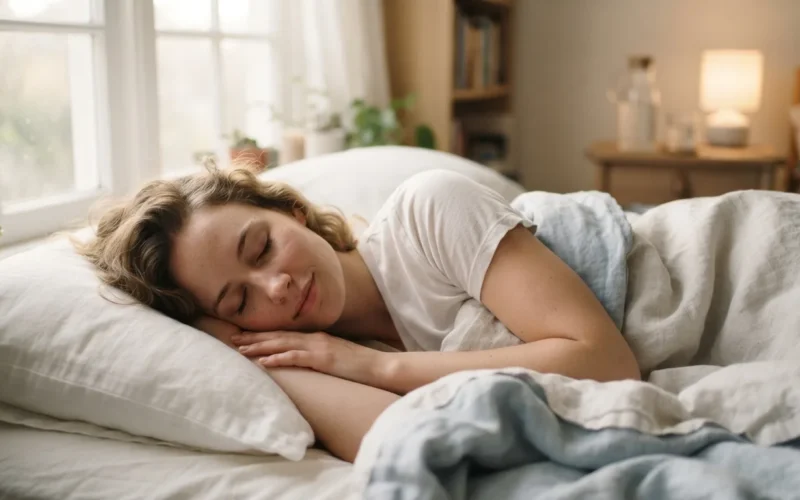 a person sleeping in bed with a dreamlike atmosphere