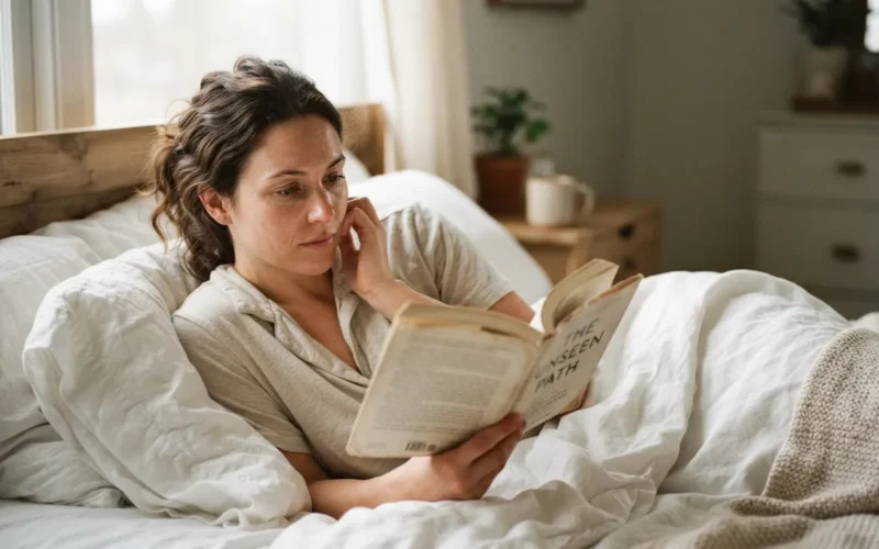 a woman lying in bed, looking thoughtfully at an open book