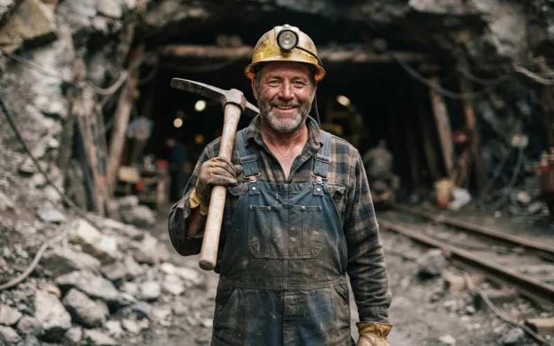 a smiling miner in work clothes holding a pickaxe
