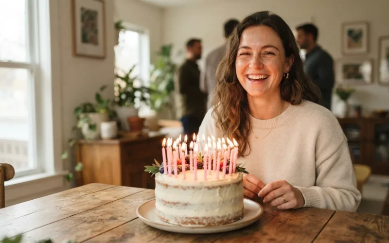 a woman smiling next to a birthday cake with candles