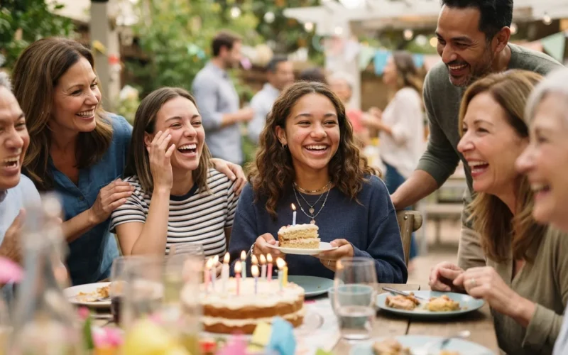 a young person surrounded by friends and family at a birthday party