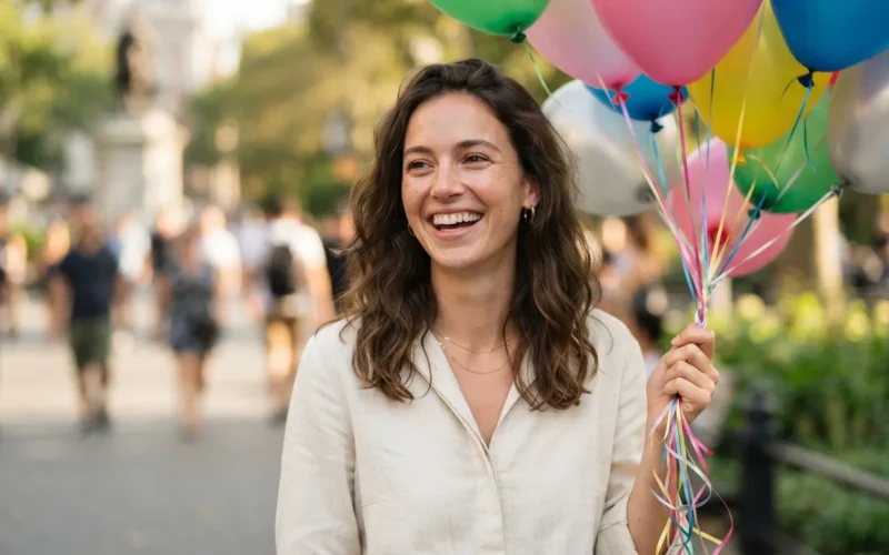 a young woman holding a bouquet of balloons and smiling