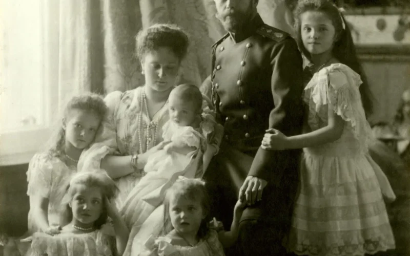 Nicholas II and family in a formal photograph, taken for the occasion of Tsarevich Alexei's Christening, c. 1904.