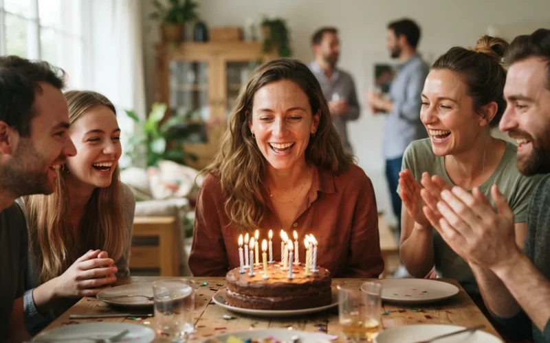 a group of people celebrating a birthday with a cake and candles