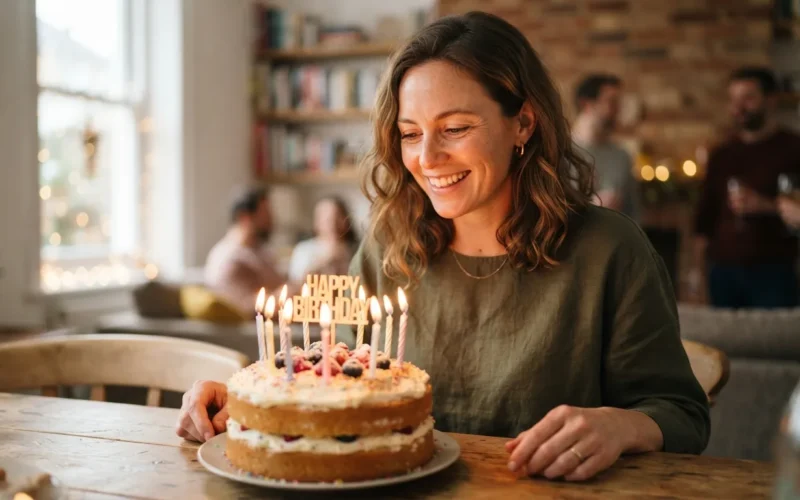 a woman smiling at a birthday cake with candles