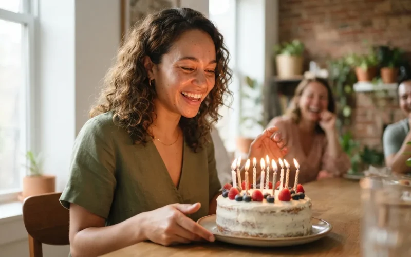 a person celebrating a birthday with cake and candles