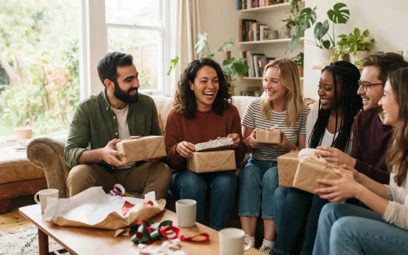 a group of friends holding gifts in a bright living room