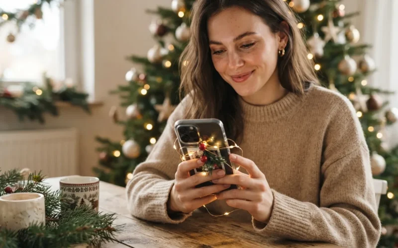 a person holding a smartphone with festive decorations