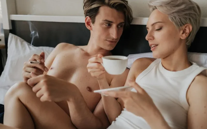 A couple enjoying a relaxed morning with coffee in bed, embracing intimacy and togetherness.