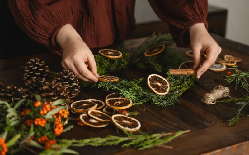Hands crafting a Christmas wreath with dried oranges, pinecones, and greenery.