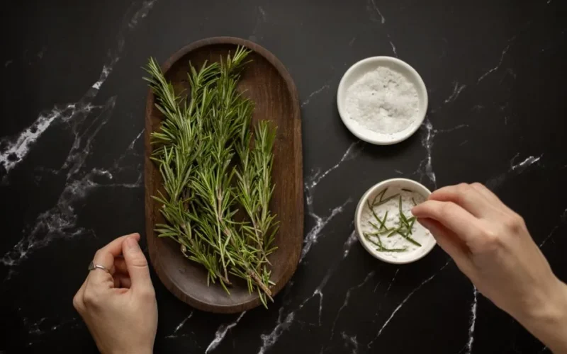 Top view of unrecognizable woman adding fresh twigs of rosemary in bowl with salt for organic scrub placed on black marble table