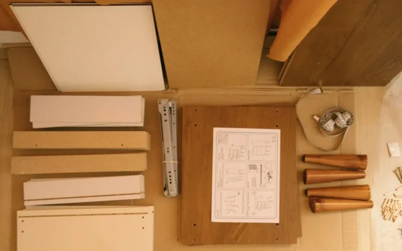 Top view of arranged pieces with instruction paper on carton before assembling furniture at home