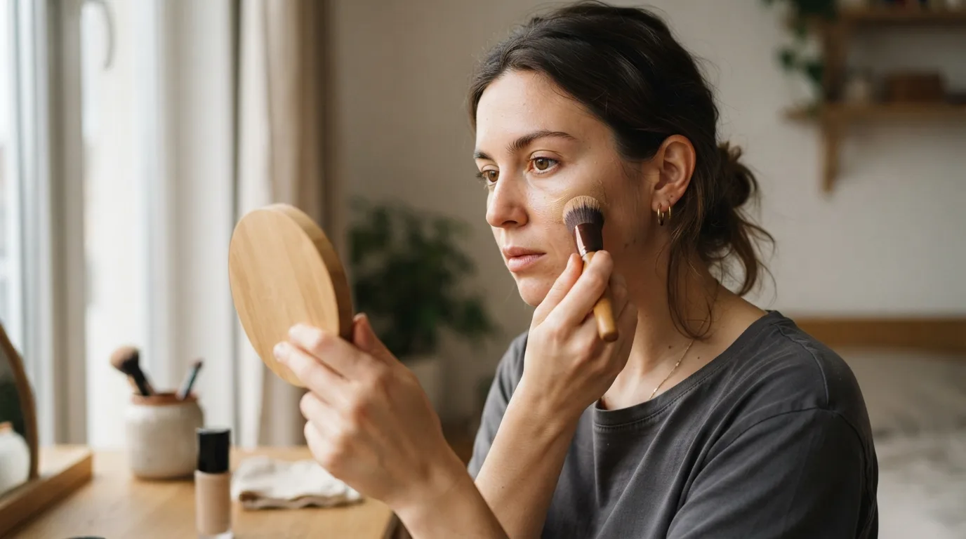 a woman applying foundation with a makeup brush