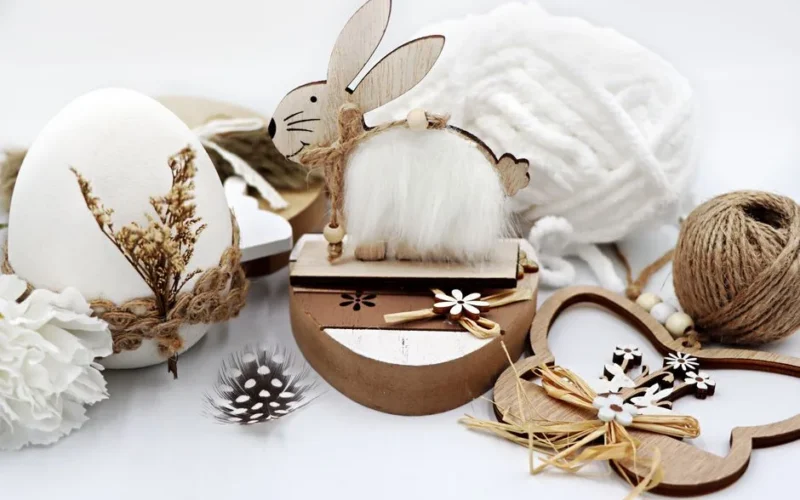 Rustic Easter decor featuring a wooden bunny, eggs, and natural materials for a sustainable celebration.