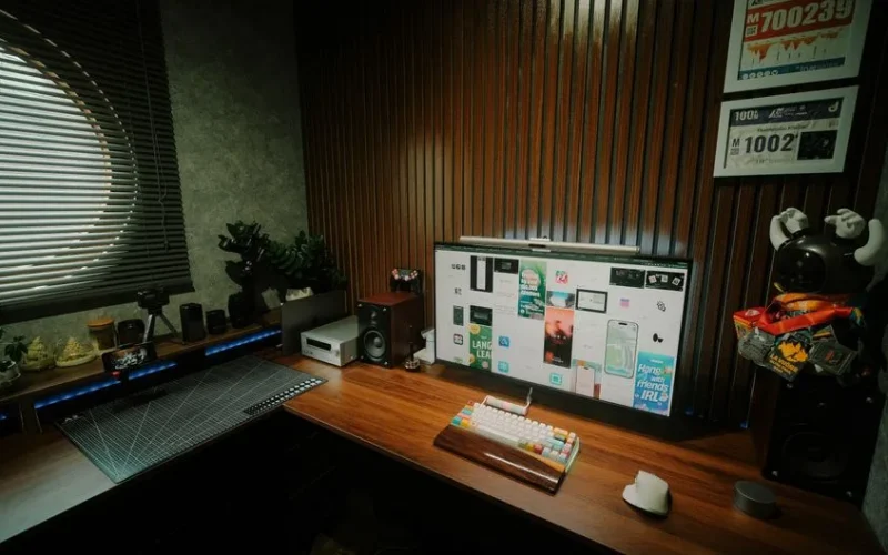 Stylish home office with tech gadgets, gaming decor, and ambient lighting.