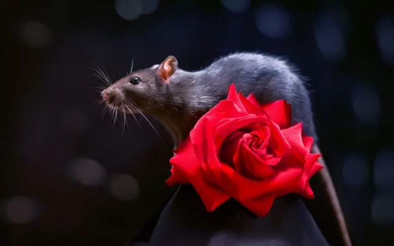 A cute rat resting beside a vivid red rose against a dark background, highlighting contrast and detail.