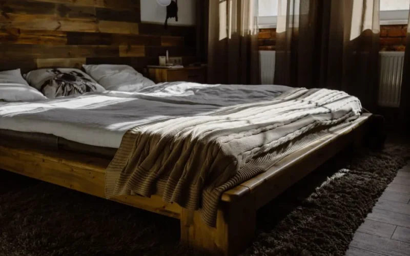Sunlit modern bedroom with wooden bed frame and cozy blankets, offering interior design inspiration.