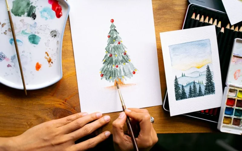 Close-up of hands painting a Christmas tree in watercolor, ideal for festive cards.