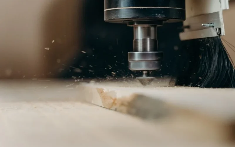 CNC machine in action, precisely cutting a wooden panel with sawdust flying.