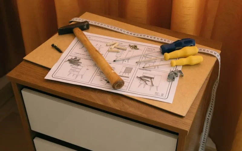 From above of wooden cabinet with drawers and paper instruction with tool to assemble it