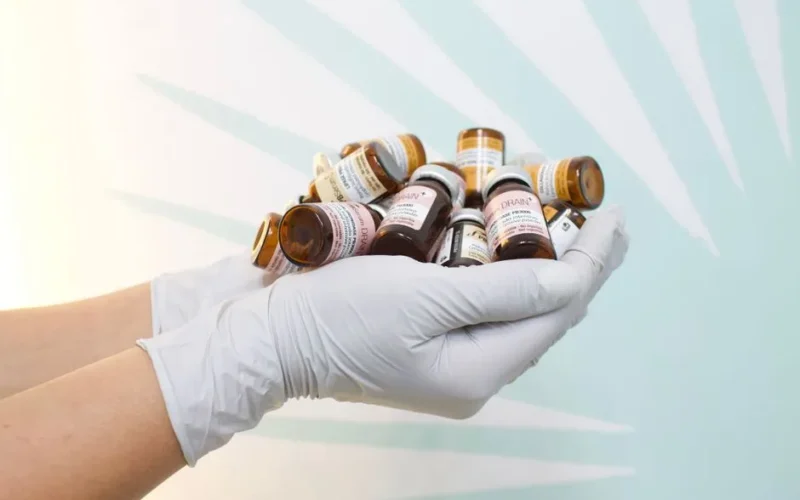 A close-up of gloved hands holding multiple medicine bottles against a light background.