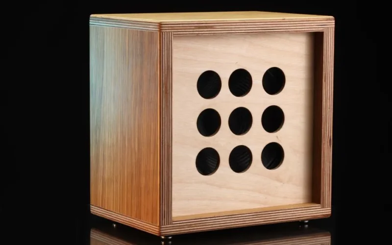 Close-up of a stylish wooden speaker featuring circular cutout design, ideal for modern interiors.