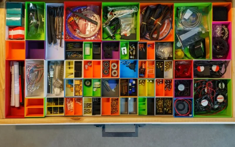 Top view of a neatly organized drawer filled with colorful containers holding various tools and electronic parts.