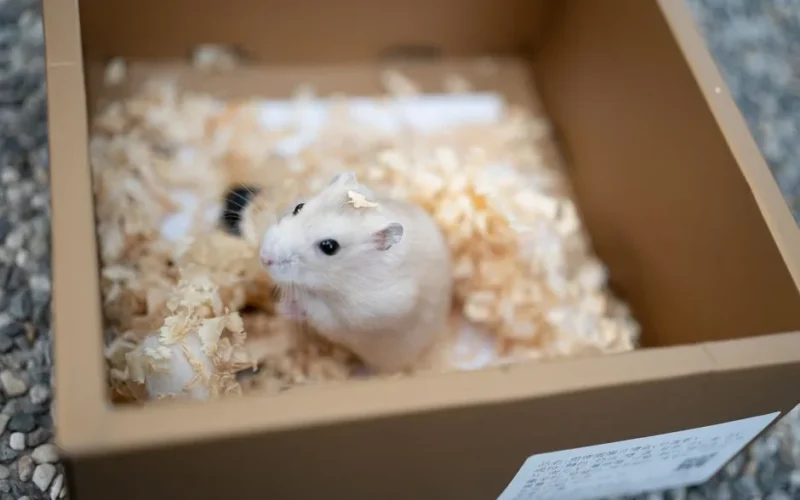 Cute hamster sitting in a cardboard box filled with wood shavings, ideal for pet care content.