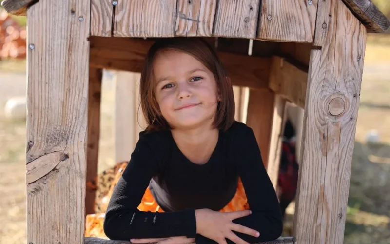 A smiling child enjoying a sunny day, sitting inside a rustic wooden playhouse.