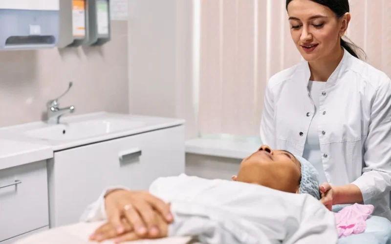 A beautician providing skincare treatment to a woman in a clinic setting, focusing on care and relaxation.