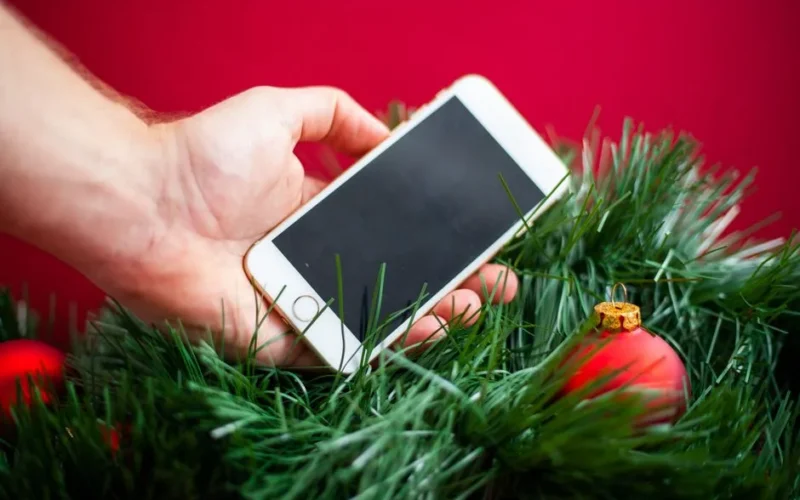 Hand holding a smartphone surrounded by Christmas decorations and pine leaves against a red background.