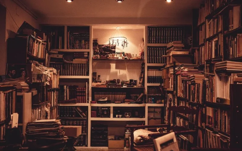 A warmly lit home library filled with a diverse collection of books and a cozy atmosphere.
