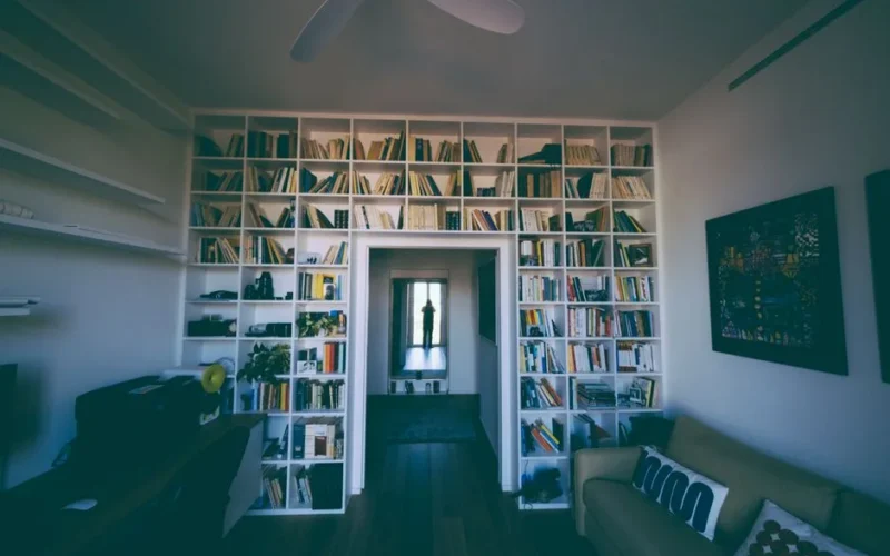Inviting home library featuring tall bookshelves and cozy seating, perfect for relaxation and reading.